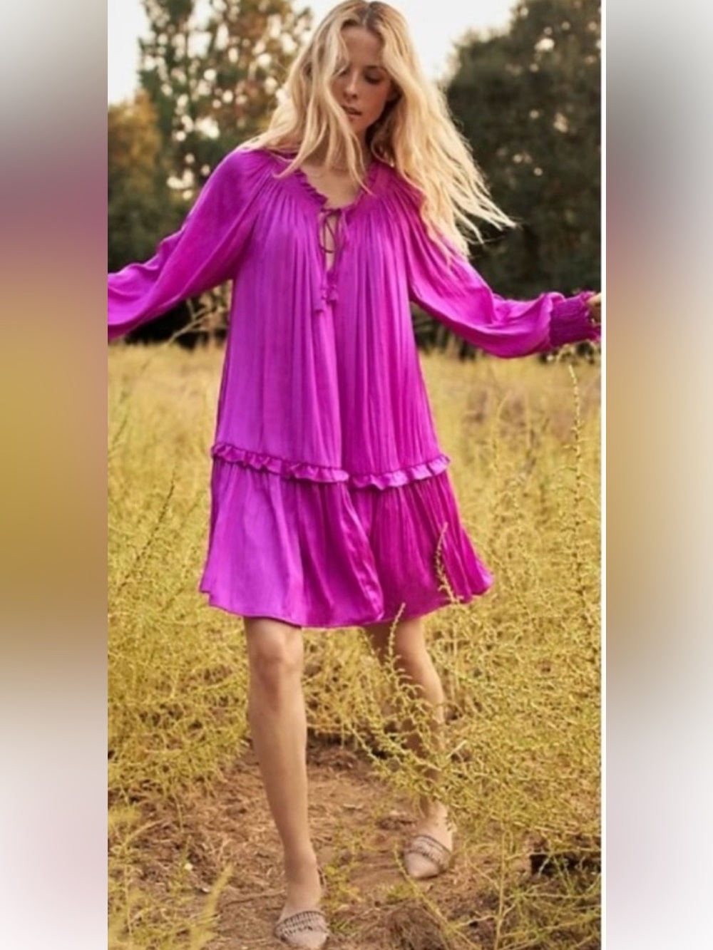 Anthropologie Giulia Tunic DressBright Fuchsia Long-Sleeve Tiered Dress